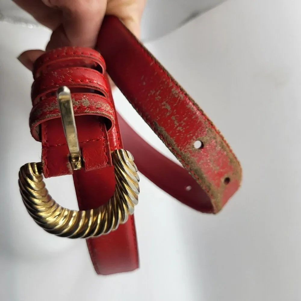 Vintage Cipriani red cow hide leather belt w/ gold buckle Large 29in-34in